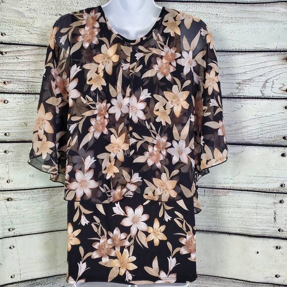 Adele & May Women’s XL Sheer Floral Poncho Blouse Black Beige Flowing Overlay - Picture 3 of 6